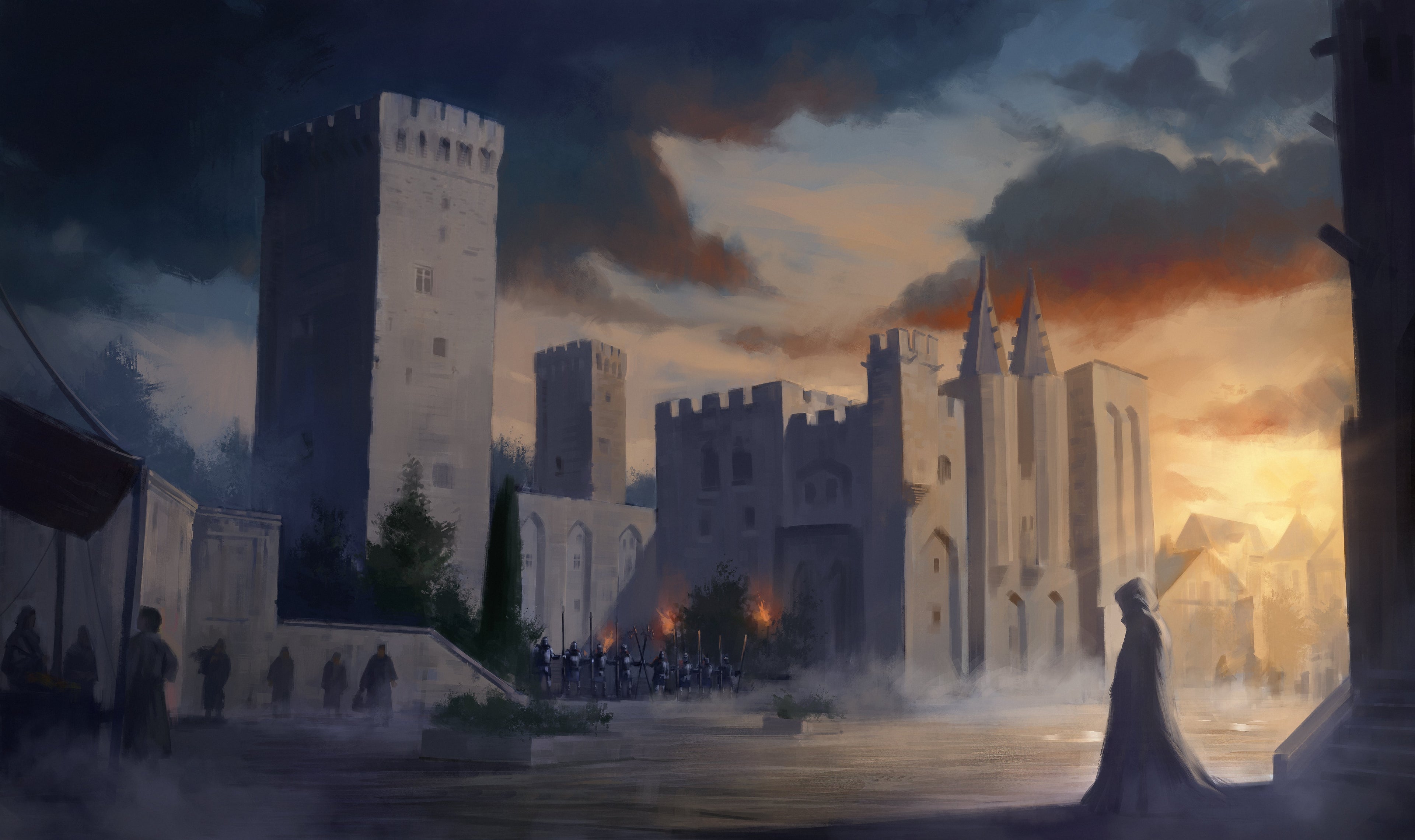 The sun sets over a medieval village, with a mysterious figure standing before an imposing structure - The Lotherian Academy